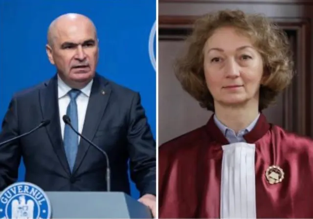 Colaj: un bărbat chel la pupitrul Guvernului și o femeie cu părul creț, în roba roșie de judecător