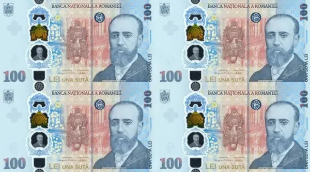 Coală cu patru bancnote de 100 de lei ale BNR, cu portretul unui bărbat cu barbă
