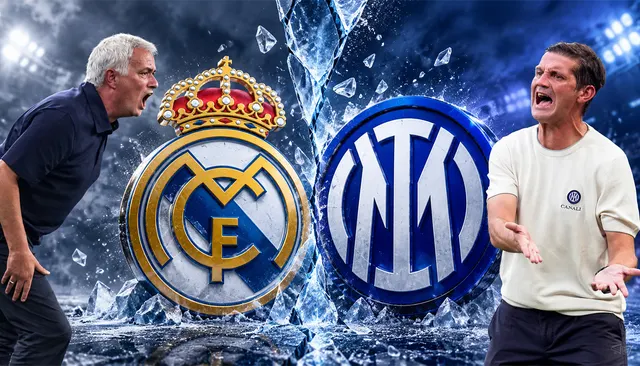 Grafic: siglele Real Madrid și Inter, între doi bărbați care gesticulează, pe un fundal cu gheață spartă