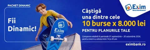 Banner Exim Banca Românească: „Câștigă una dintre cele 10 burse x 8.000 lei”, cu un tânăr pe skateboard
