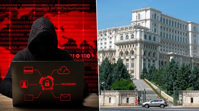 Colaj: o siluetă cu glugă la un laptop, pe fundal roșu cu cod binar, și Palatul Parlamentului
