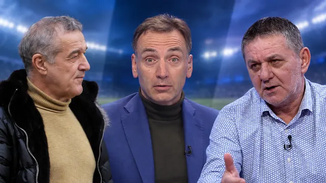 Colaj: trei bărbați pe un fundal cu reflectoare de stadion; cel din dreapta gesticulează