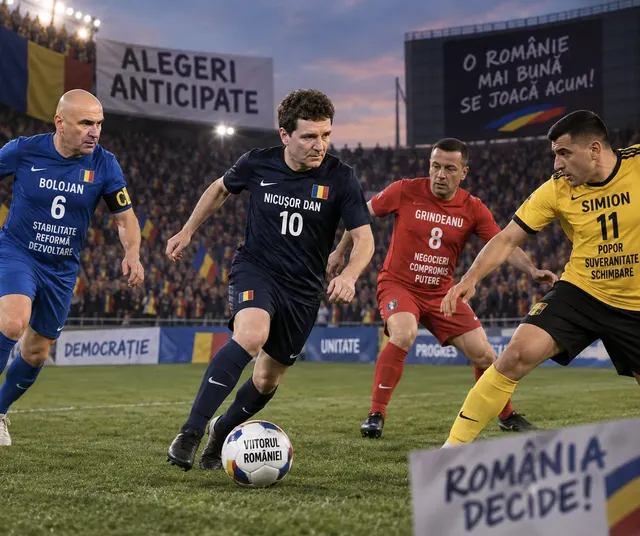 Ilustrație: fotbaliști cu numele Bolojan, Nicușor Dan, Grindeanu și Simion pe tricouri, sub bannerul „Alegeri anticipate”