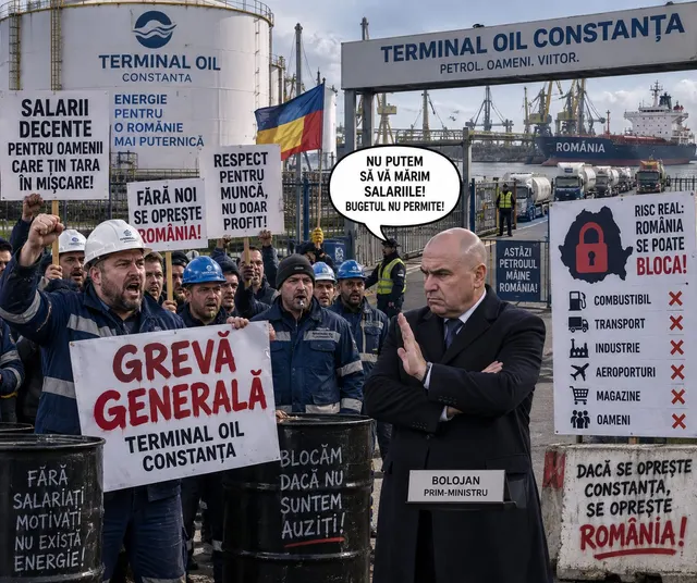 Ilustrație: muncitori de la Terminal Oil Constanța cu pancarta „Grevă generală” și un bărbat în costum marcat „Bolojan”