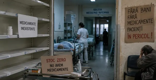 Holul unui spital cu rafturi goale și afișe „Stoc zero, nu avem medicamente” și „Fără bani, fără medicamente”
