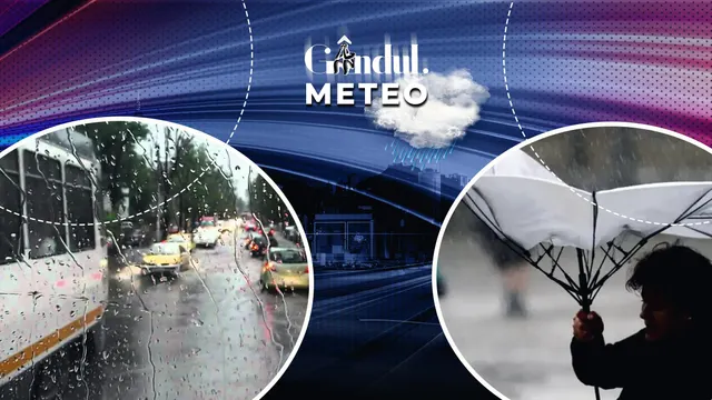 Grafic Gândul Meteo: o stradă udă de ploaie, cu mașini, și un om cu umbrela întoarsă de vânt