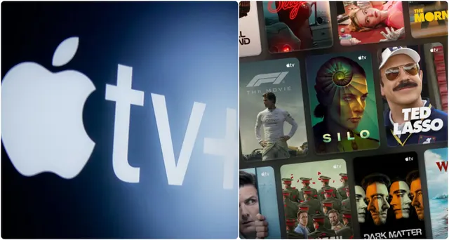 Colaj: sigla Apple TV+ și afișele unor seriale, între care „Ted Lasso” și „Silo”