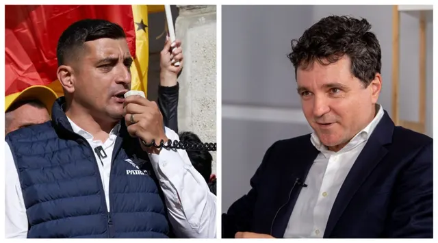 Colaj cu Nicușor Dan și George Simion: un bărbat care vorbește la portavoce și unul cu părul creț, zâmbind