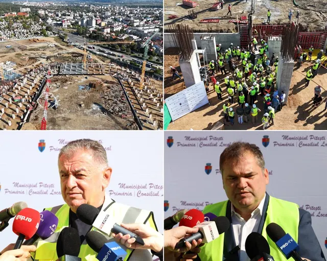 Colaj de la șantierul stadionului „Nicolae Dobrin” din Pitești: lucrări, muncitori și declarații la microfoane