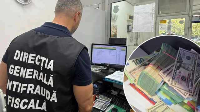 Colaj: inspector cu vesta Direcției Generale Antifraudă Fiscală la un ghișeu și un cerc cu teancuri de valută