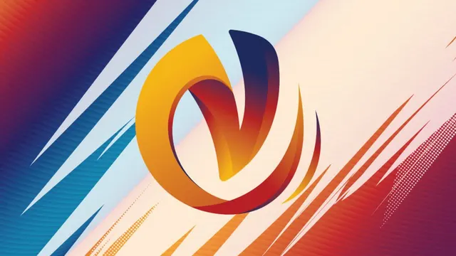 Grafic: o literă „V” stilizată, în portocaliu și roșu, pe un fundal cu dungi colorate