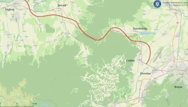 Hartă cu un traseu marcat cu roșu între Făgăraș și Brașov, prin dreptul localităților Șercaia, Codlea și Ghimbav