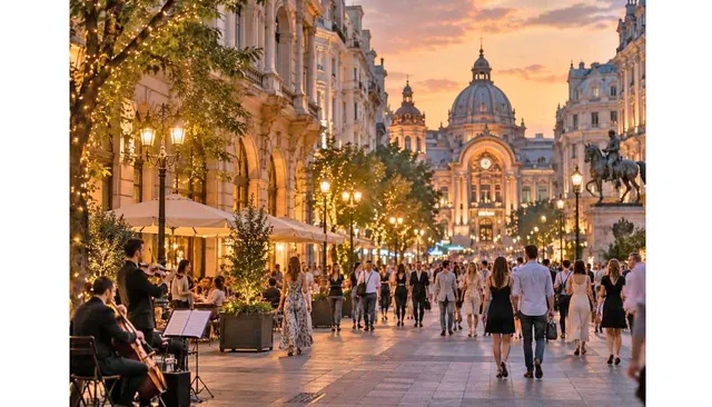 Stradă pietonală plină de oameni seara, cu terase, felinare și o clădire cu cupolă la capăt