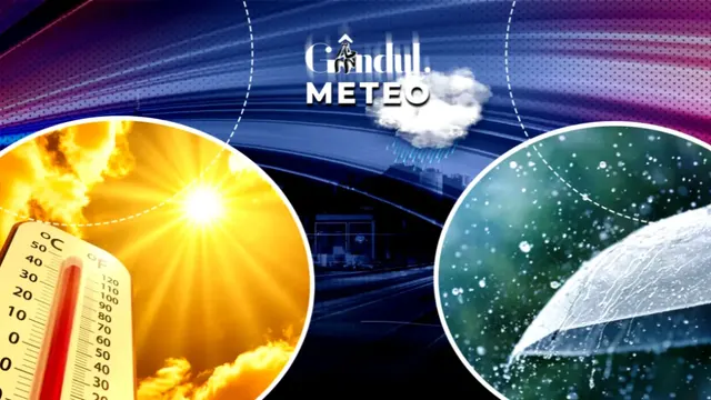 Grafic Gândul Meteo: soare arzător lângă un termometru și o umbrelă în ploaie