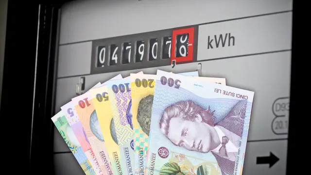 Contor de electricitate cu afișaj în kWh și un evantai de bancnote românești în prim-plan