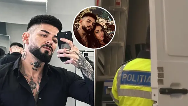 Colaj: bărbat cu barbă și tatuaje pe gât într-un selfie, un cuplu într-un medalion și un agent de poliție