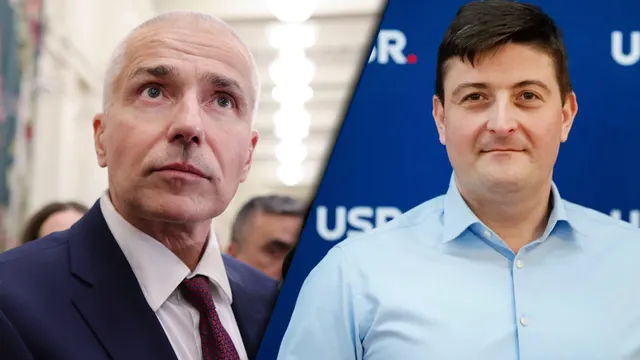 Colaj: un bărbat chel în costum și cravată, alături de un bărbat în cămașă albastră în fața siglei USR