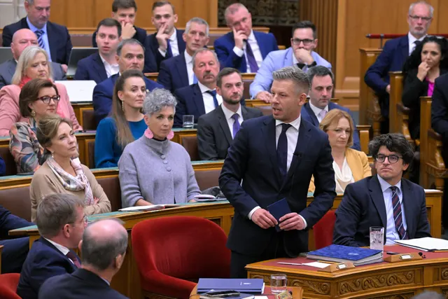 Bărbat în costum stând în picioare și vorbind în sala de plen a unui parlament, printre deputați așezați