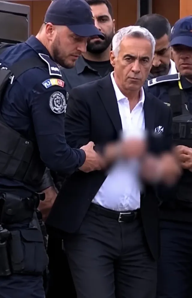 Bărbat cărunt în costum, escortat de polițiști în uniforme, cu fața unei persoane blurată