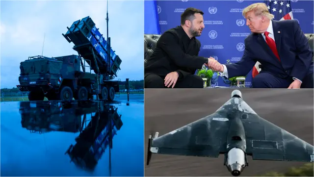 Colaj: un lansator de rachete Patriot, doi bărbați dând mâna la ONU și o dronă cu aripă delta