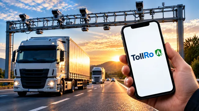 Mână care ține un telefon cu sigla TollRo, în fața unui portal cu camere pe autostradă și a unui camion