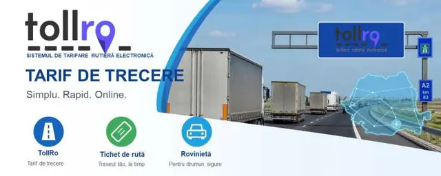 Banner TollRo cu textul „Tarif de trecere”, camioane pe autostradă și pictogramele tichetului de rută și rovinietei