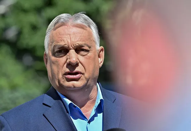 Bărbat cu părul cărunt, în sacou albastru și cămașă deschisă la gât, vorbind în aer liber