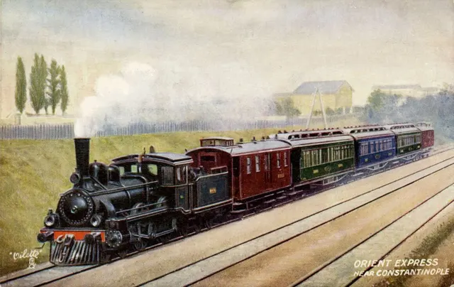 Desen: locomotivă cu aburi trăgând vagoanele Orient Express, cu inscripția „near Constantinople”