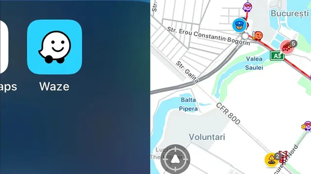 Captură de ecran: pictograma Waze și o hartă a zonei Pipera-Voluntari, din nordul Bucureștiului