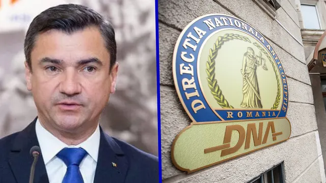 Colaj: Mihai Chirica, în costum și cravată albastră, alături de sigla DNA de pe fațada unei clădiri