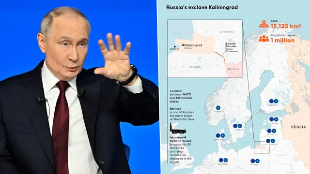Colaj: Vladimir Putin cu palma ridicată, lângă o hartă a exclavei rusești Kaliningrad