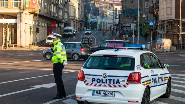 Polițist în vestă reflectorizantă dirijând traficul lângă o mașină de poliție, pe o stradă din centrul orașului