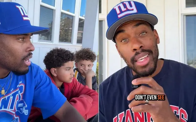 Bărbat cu șapcă New York Giants vorbind într-un clip, lângă un cadru cu el și doi băieți