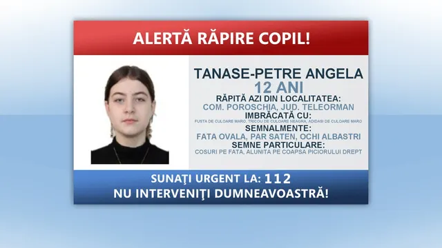 Afiș de alertă pentru răpirea unui copil, cu fotografia unei fete de 12 ani și numărul de urgență 112