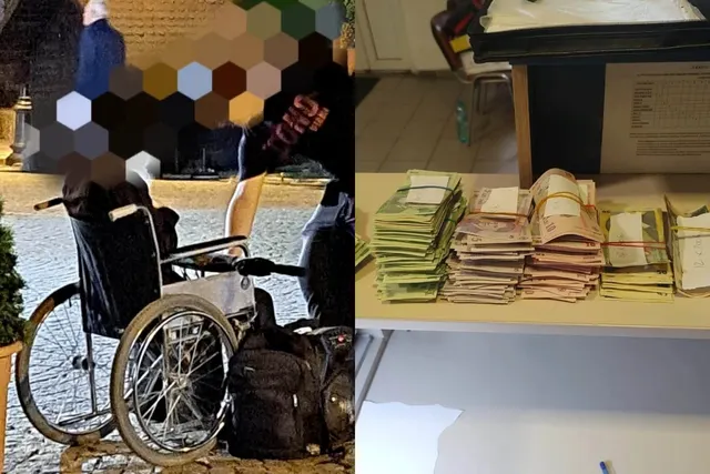 Colaj: un scaun cu rotile lângă bagaje, pe trotuar, și teancuri de bancnote pe o masă