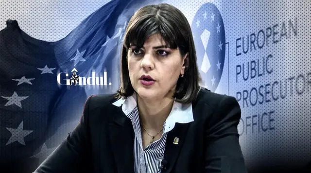 Laura Codruța Kövesi, în fața siglei Parchetului European, într-un colaj cu drapelul UE