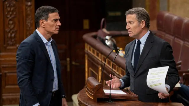 Ilustrație generată cu AI: Pedro Sánchez și Alberto Núñez Feijóo, față în față în Congresul Spaniei