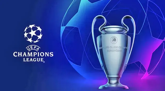 Sigla UEFA Champions League și trofeul competiției, pe un fundal albastru-violet